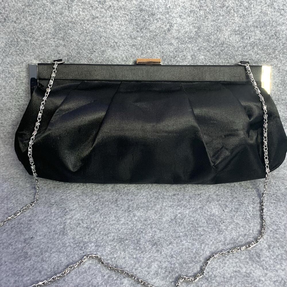 VTG Worthington Black Satin Clutch Purse Silver Chain Shoulder Bag 12”x6”